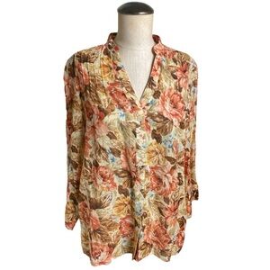 Alfred Dunner 100% Cotton Floral Gauze Style Sheer Button Up Shirt Size 10/L